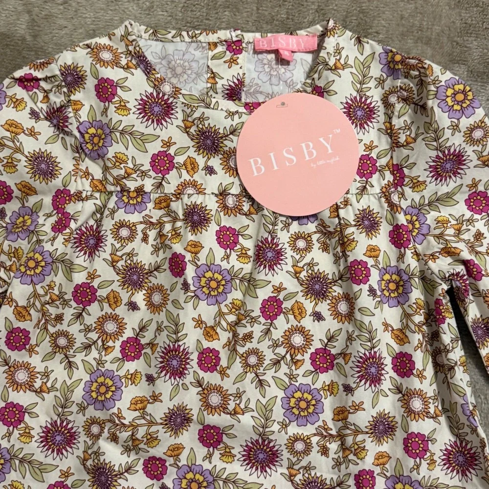 Bisby Kids Girls Floral Drop Waist Dress Long Sleeve Cotton Purple Pink Size 4